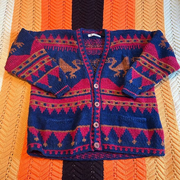 70s 80s 100% pure wool knitted red and blue cardigan - Toshy Made In Bolivia! - Picture 15 of 15